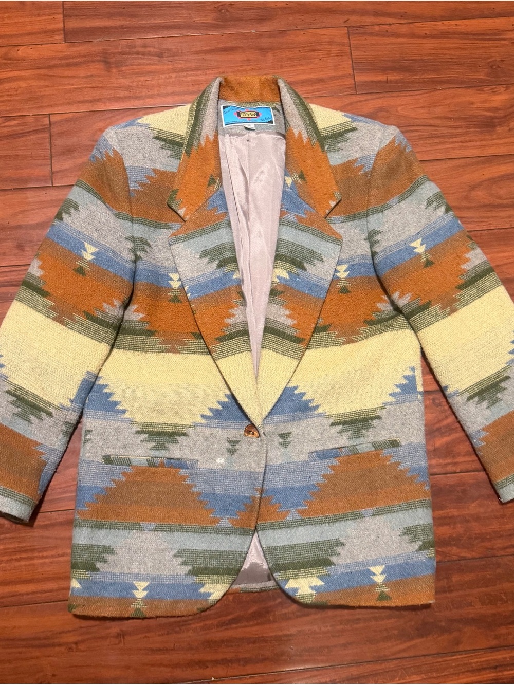 Vintage Southwestern-Print Wool-Blend Blazer in Mustard, Blue & Olive